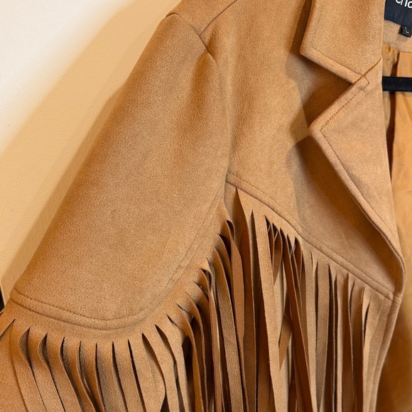 Chartou Women's Tan Fringe Faux Suede Jacket, L- Western, Cropped Moto, Fringe - Picture 5 of 7